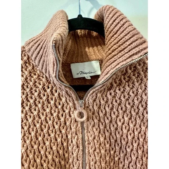 3.1 Phillip Lim Tan Cotton + Cashmere Cableknit Chunky Sweater 1/4 Zip Sz M LUX - Picture 2 of 6